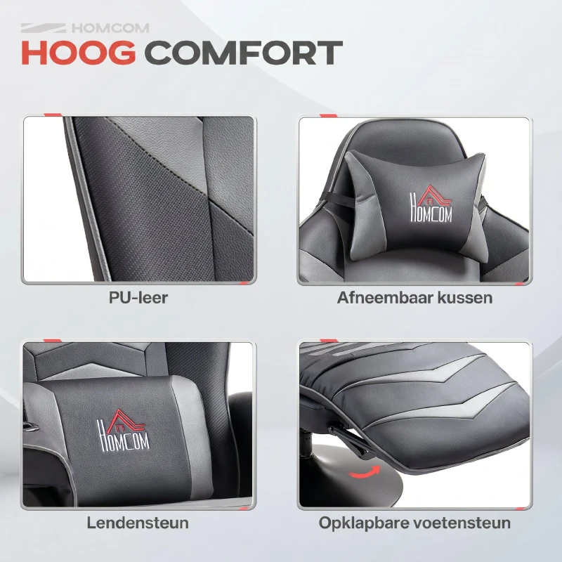 HOMCOM Relax Fauteuils, Stoel Met Massage, Voetsteun, Stalen Frame, voor Gamers, Grijs(m-6)