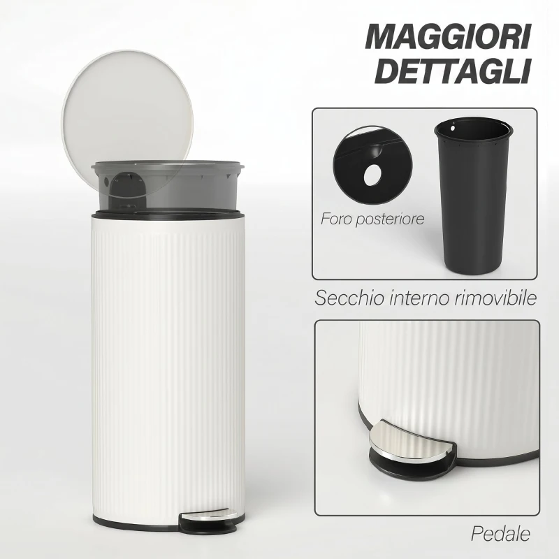 HOMCOM Cestino Spazzatura da 30L con Coperchio a Chiusura Morbida in Metallo e PP, Crema