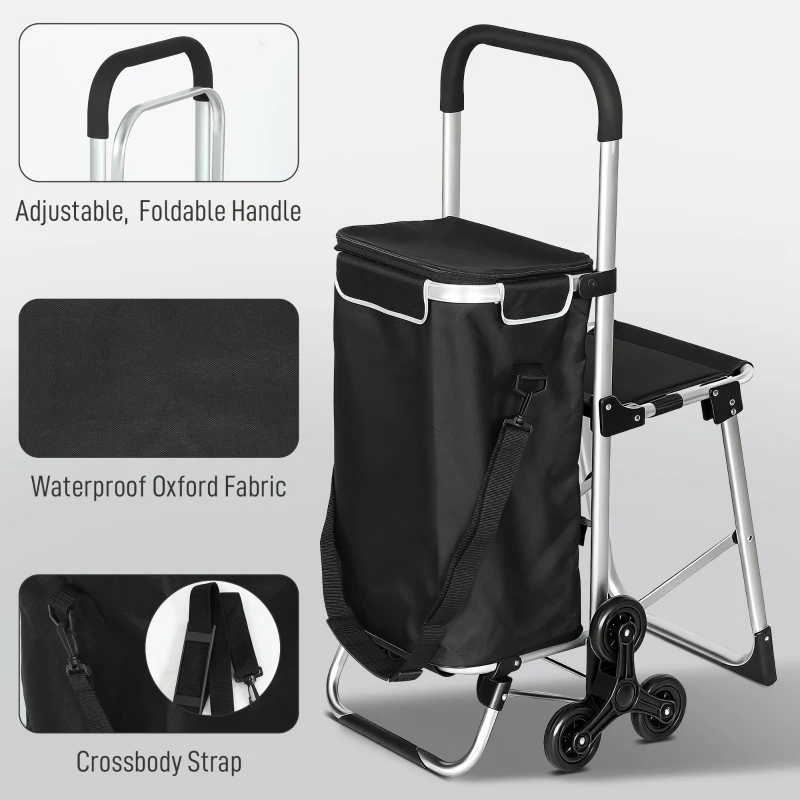 HOMCOM Chariot de courses pliable caddie de courses portable à roulettes avec siège pliable, sac amovible, 46x59,5x97cm, noir