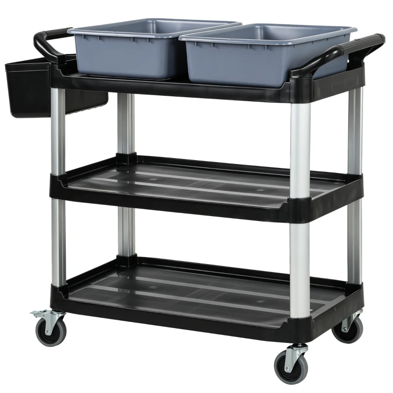 HOMCOM Carro de Limpieza con Ruedas con 3 Estantes 2 Contenedores y Cubo Lateral Colgante Carga 100 kg Negro