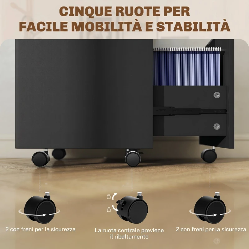 HOMCOM Schedario da Ufficio con 2 Cassetti, Serratura, Ruote a Freno, per Formato A4/Legale, 42x40x60 cm, Nero