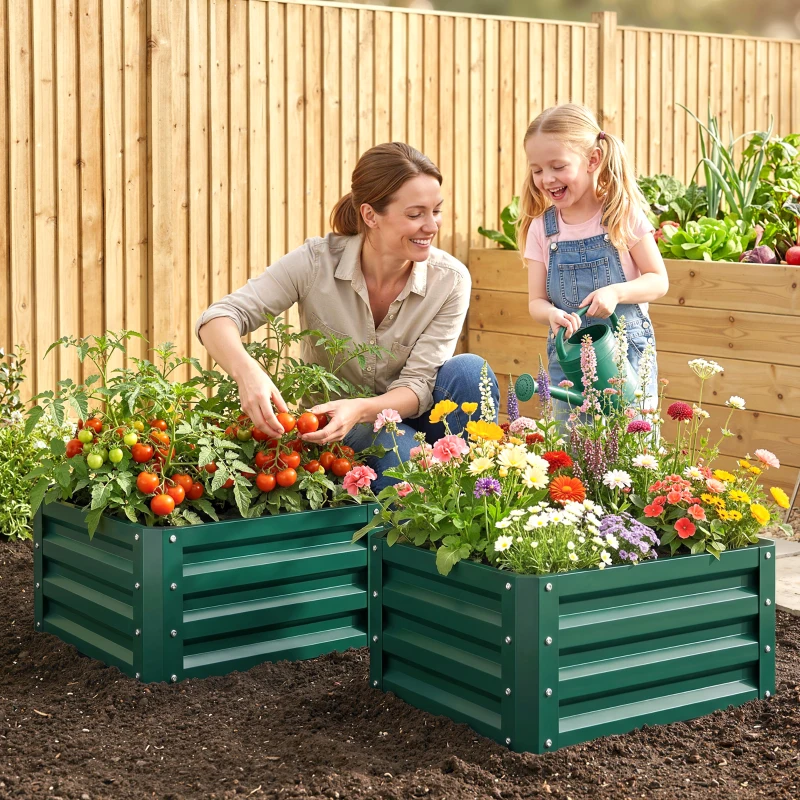 Outsunny Set of Two 60 x 60cm Steel Planter Boxes - Green