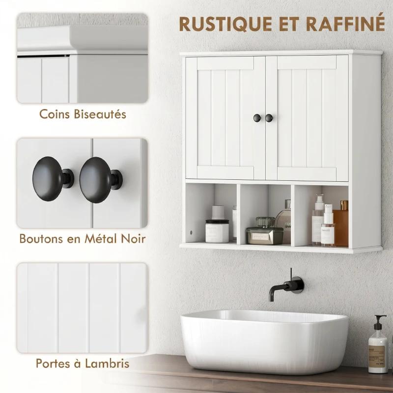 HOMCOM Armoire murale de salle de bain, meuble de rangement avec 2 portes, étagère réglable et compartiments ouverts, blanc