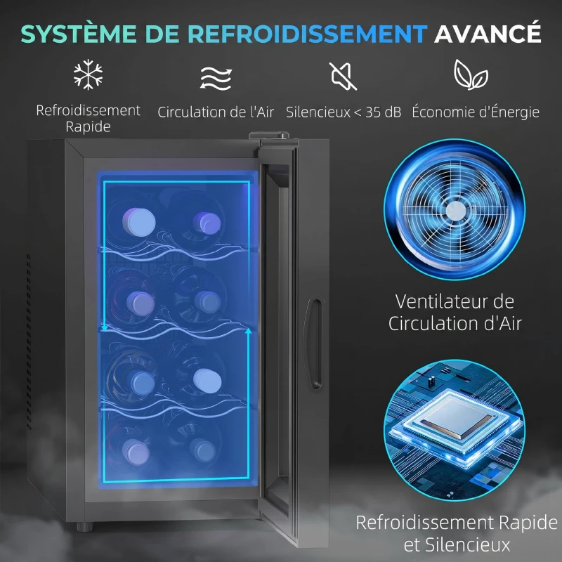HOMCOM Cave à vin 8 bouteilles 21L, réfrigérateur à vin et boissons avec température réglable 8-18°C, porte en verre, noir