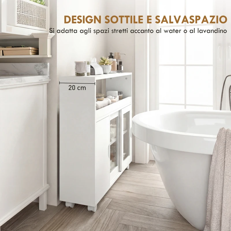 HOMCOM Mobile per Bagno a Rotelle in Legno con Spazio Aperto, Ripiani Regolabili e Ante in Vetro, 71x20x70 cm, Bianco