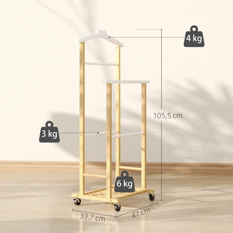 HOMCOM Valet de chambre à roulettes, portant à vêtements en bambou avec cintre intégré, tiges à pantalons et étagère, naturel