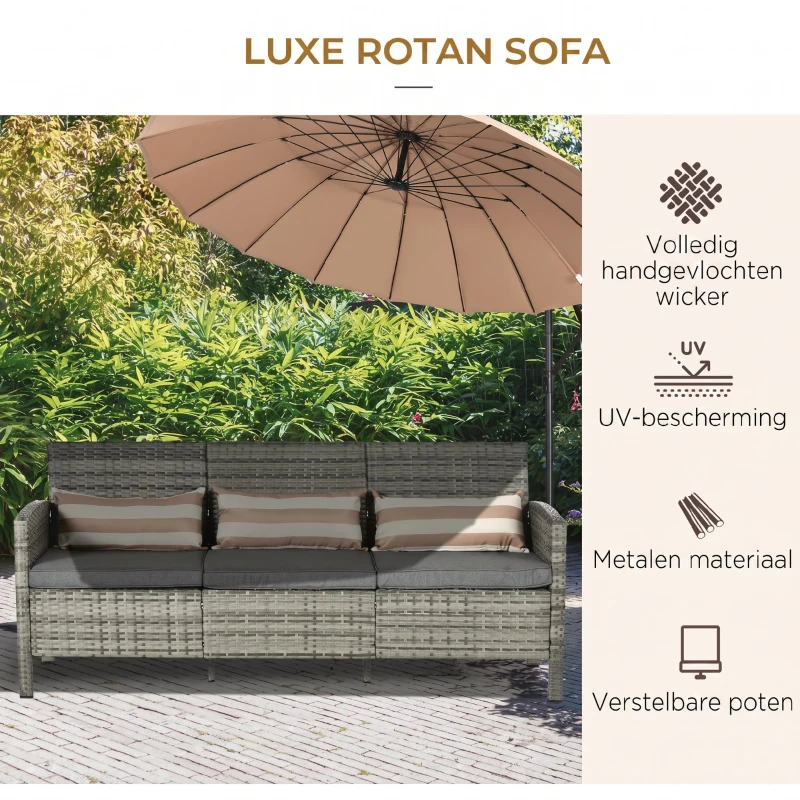 Outsunny rotan bank met kussens, driezits loungebank, staal, grijs, 173 x 68 x 78 cm Outdoor loungebank kussen driezits staalgrijs