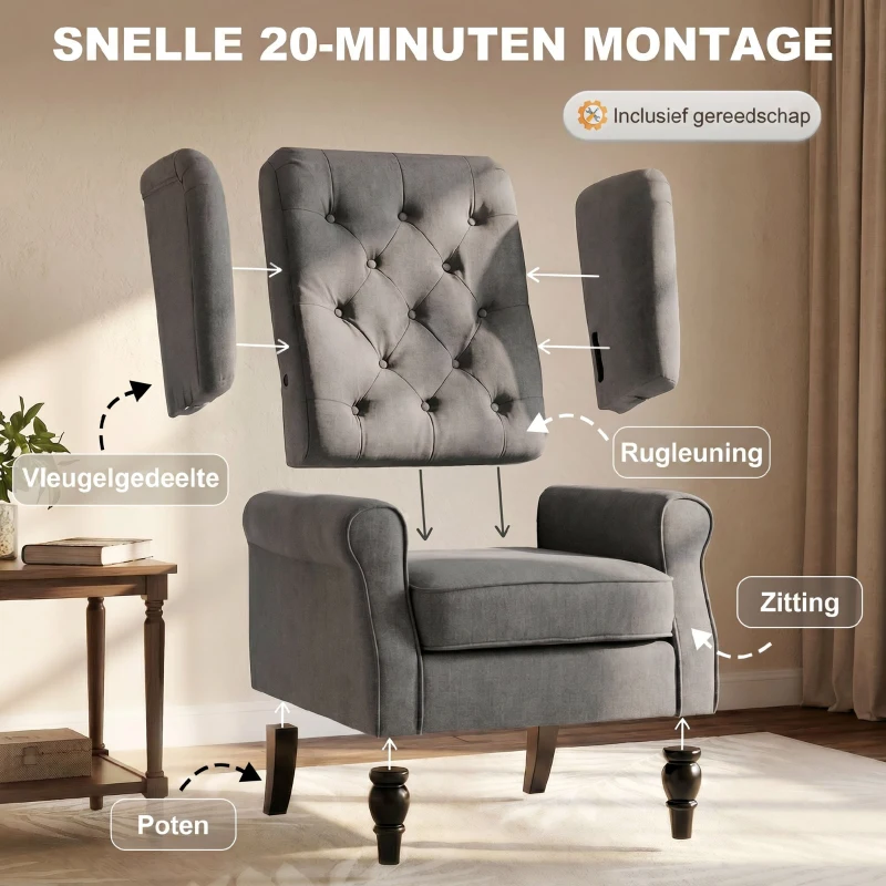 HOMCOM Elegante Oorfauteuil, Dik Gepolsterd, Afneembare Hoes, 74 x 86 x 102 cm, grijs+zwart(m-7)