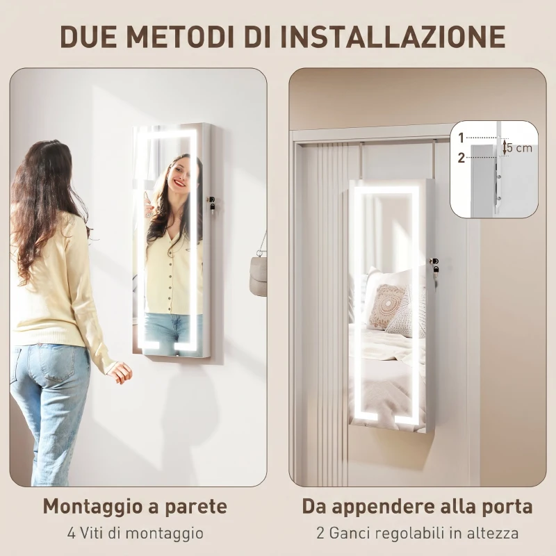 HOMCOM Armadietto Portagioie da Parete o Porta con Specchio Interno e Luci LED, con Serratura e Chiave, Tasca con Zip, Bianco