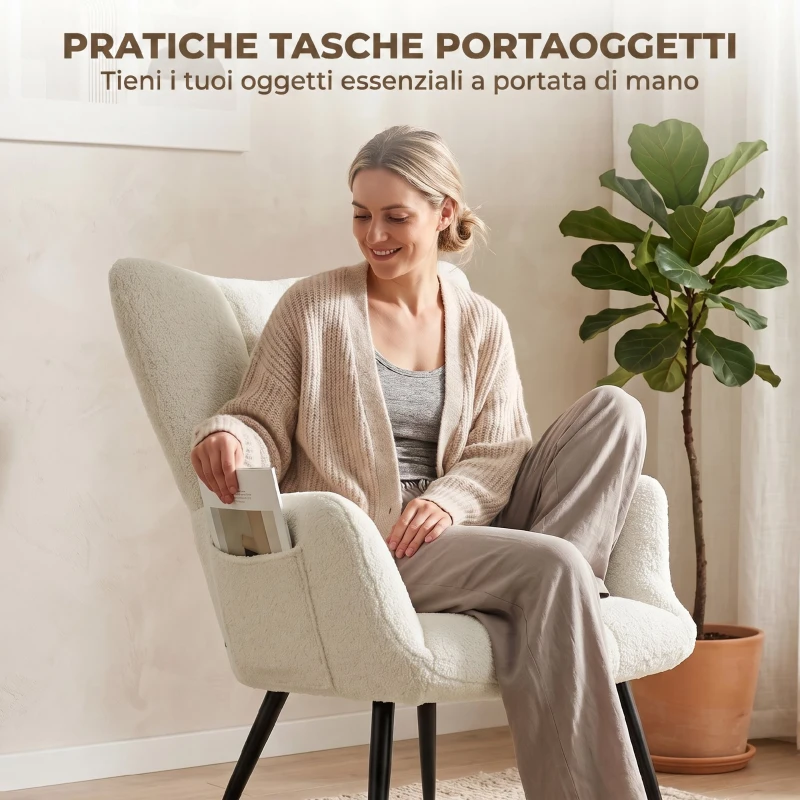 HOMCOM Poltrona con Poggiapiedi in Tessuto Teddy con Schienale Alto Trapuntato, Tasche Laterali, Beige