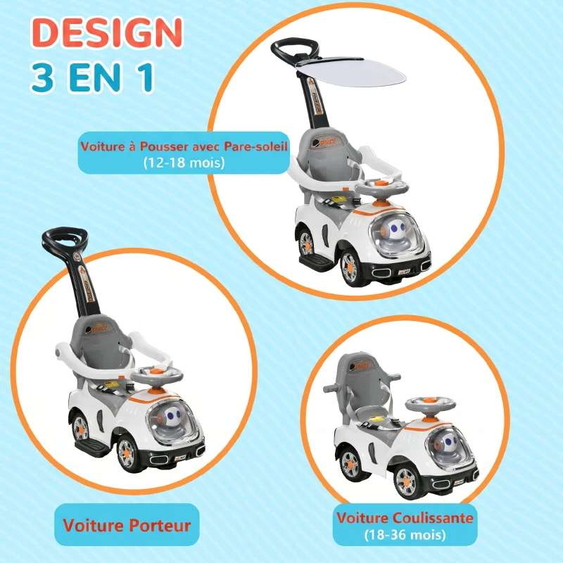 AIYAPLAY Porteur enfants, porteur bébé voiture à pousser 3 en 1 avec robot thème, pédales, poignée parentale, blanc