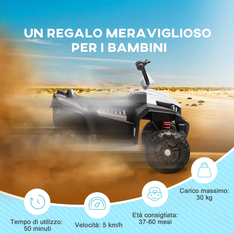 AIYAPLAY Quad Elettrico per Bambini 12V con 2 Motori, Sospensioni, Fari LED, MP3, 37-60 Mesi, Interno Esterno, Bianco