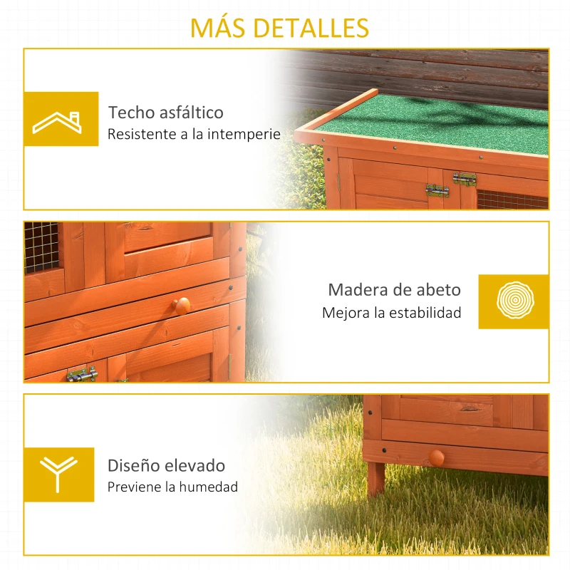 PawHut Conejera de Madera Exterior de 2 Niveles Jaula para 1-2 Conejos Mascotas Pequeñas con Techo Asfáltico Abrible y 2 Bandejas Extraíbles 90x45x90 cm Madera Natural