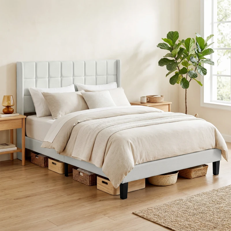 HOMCOM Cama 135x190 cm con Almacenaje Inferior Tapizada y Cabecero Acolchado con Orejas Beige