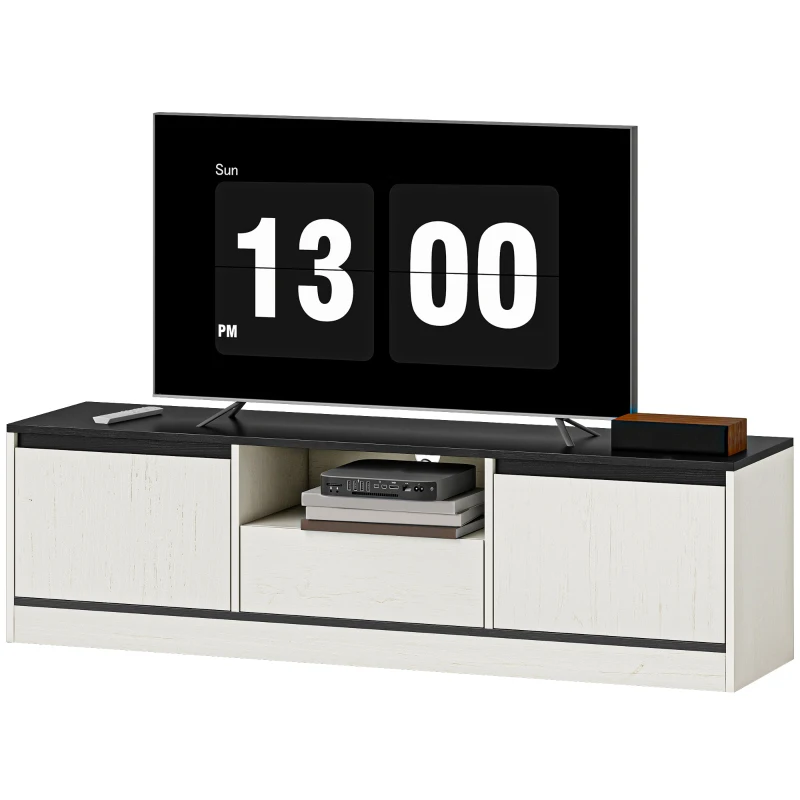 HOMCOM Mueble TV hasta 152 cm con 2 Armarios Estante Abierto y Cajón 140x35x40 cm Negro y Blanco