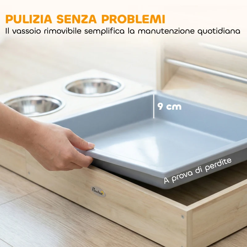 PawHut Mangiatoia per Conigli in Legno con Portafieno, Ciotola in Acciaio e Serbatoio Acqua, 58x40x32 cm, color Legno