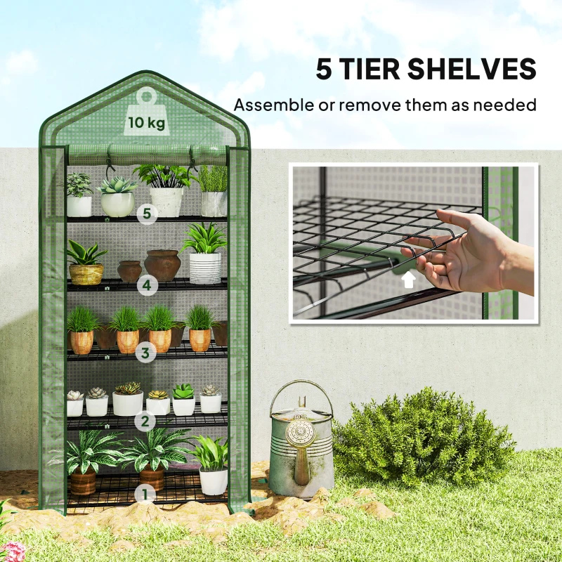 Outsunny 5 Tier Widened Mini Greenhouse with Reinforced PE Cover, Portable Indoor Outdoor Green House with Roll-up Door and Wire Shelves, 90 x 49 x 193cm, Green