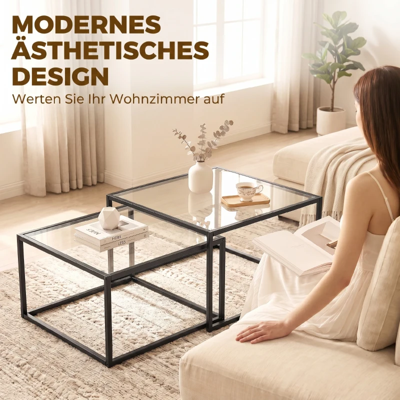 HOMCOM Couchtische 2er-Set Satztisch mit gehärteter Glasplatte und Metallrahmen, für Wohnzimmer Schwarz