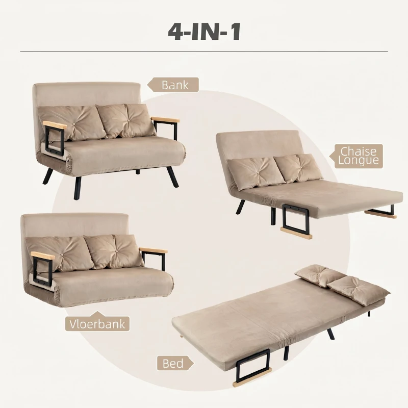 HOMCOM Slaapfauteuil met houten armleuningen, metalen frame, tot 120 kg voor kamer en slaapkamer voor gezinshuis, lichtbruin(m-4)