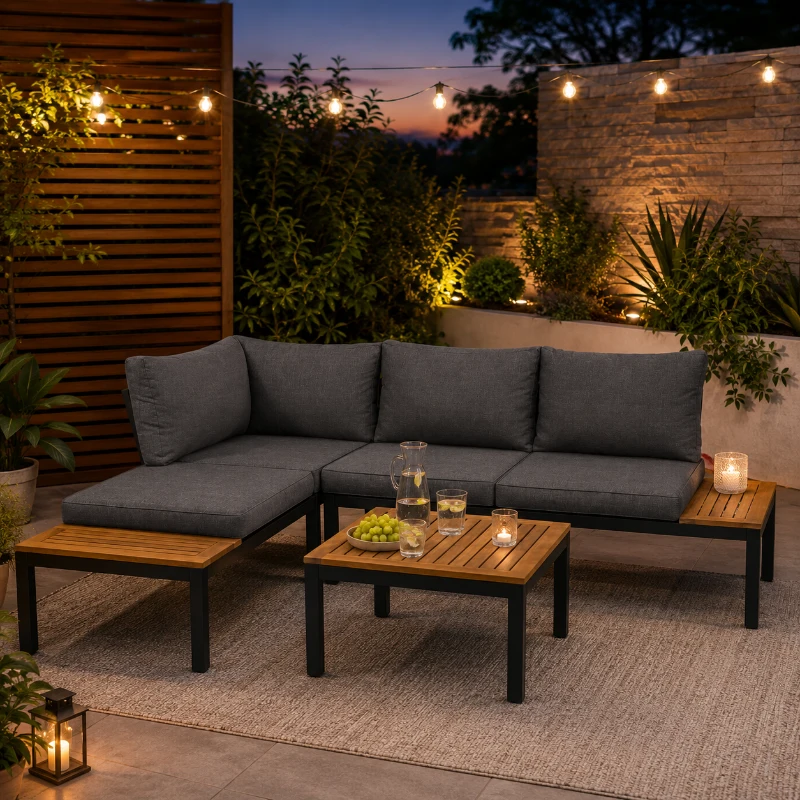 Space-Saving L-Shaped Corner Sofa with Wooden Table, Iron Frame, Outdoor Garden Lounge Set for 4 People, 145L x 60W x 80H cm, Grey