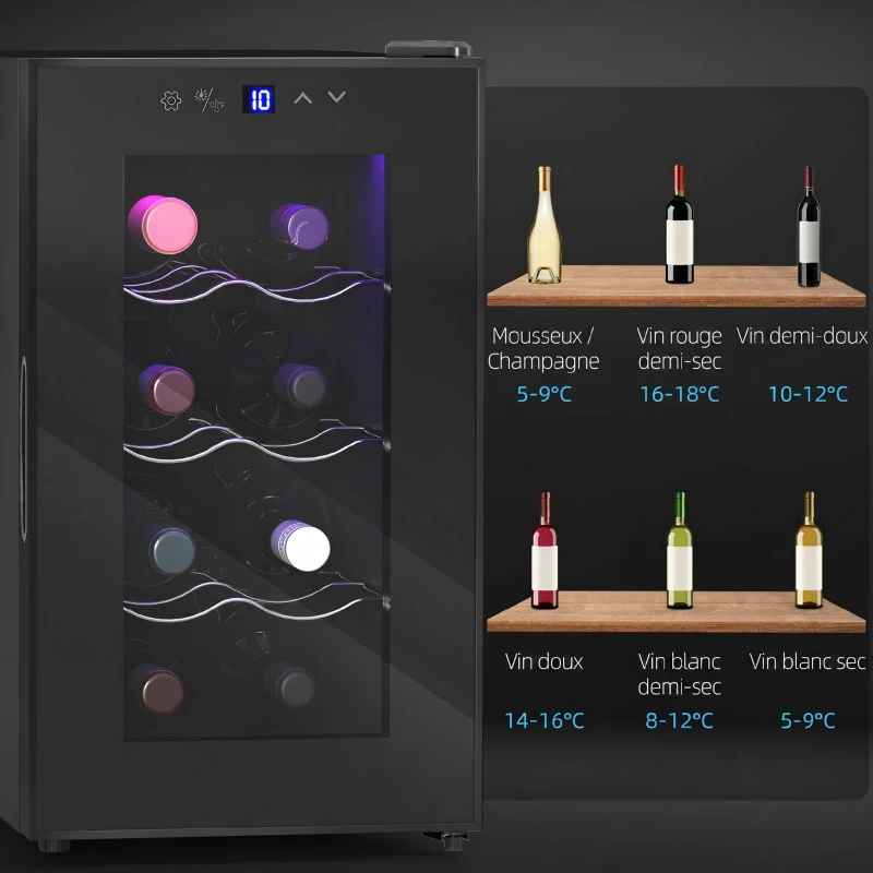 HOMCOM Cave à vin 8 bouteilles 21L, réfrigérateur à vin et boissons avec température réglable 8-18°C, porte en verre, noir