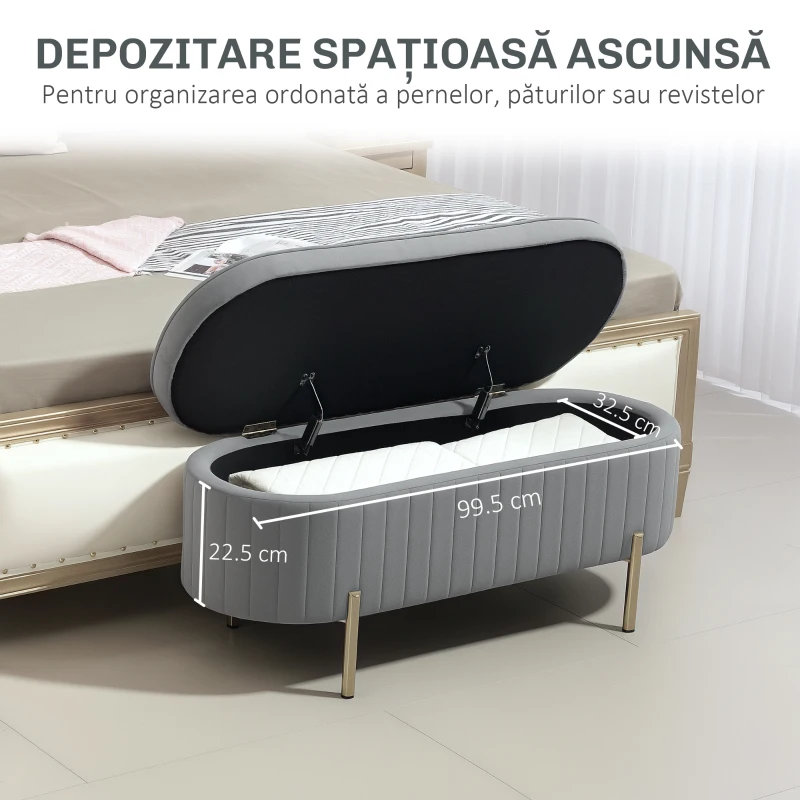 HOMCOM Bancă de Depozitare Ovală 72L cu Capac Rabatabil, din Catifea și Lemn, 108x44x43.5 cm, Gri