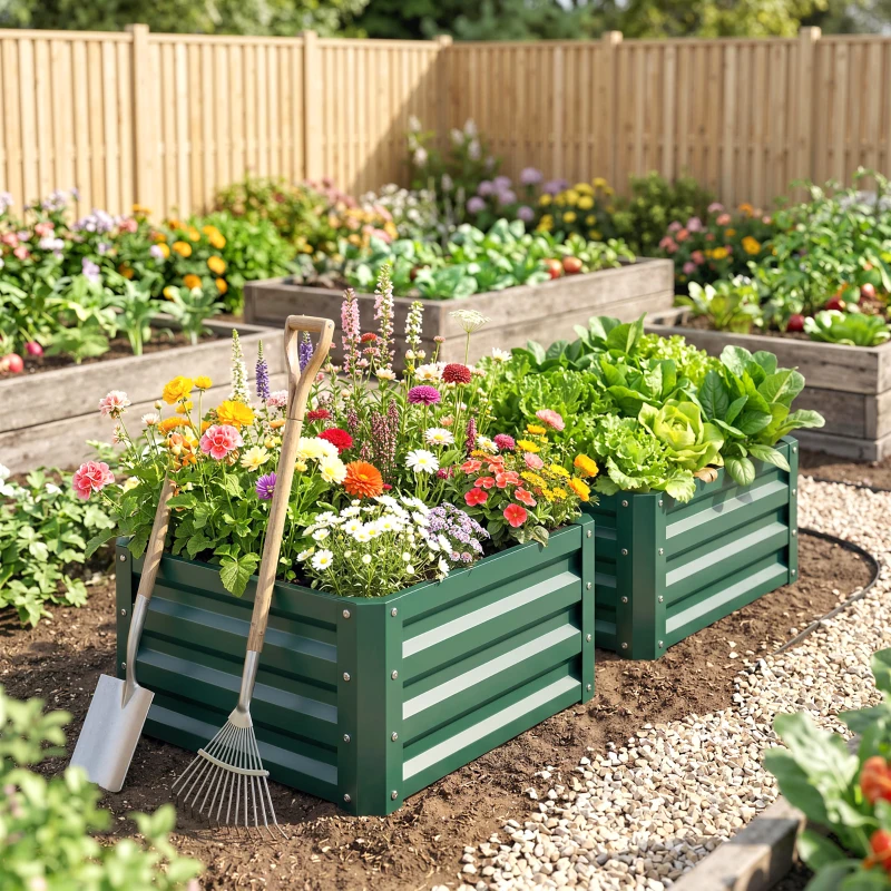 Outsunny Set of Two 60 x 60cm Steel Planter Boxes - Green