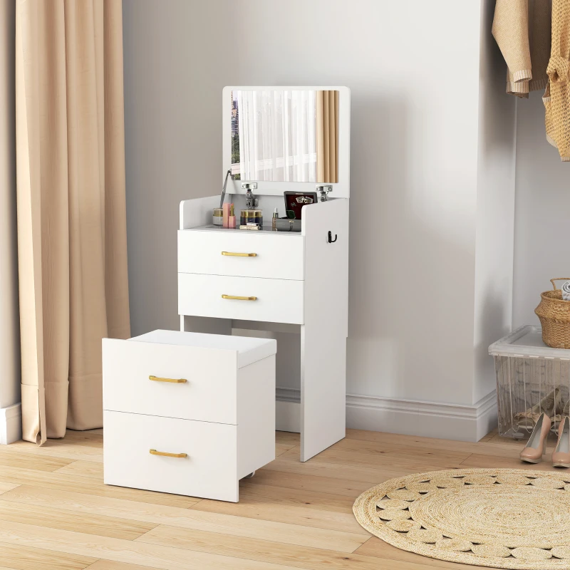 HOMCOM 3-in-1 Make-uptafel met Spiegel, Nachtkastje, Rollende Kruk, Lades, Wit(m-10)