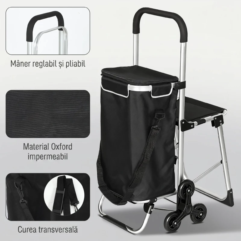 HOMCOM Cărucior de Cumpărături din Aluminiu cu Geantă de 40L Impermeabilă și Scaun, 46x59.5x97 cm, Negru și Argintiu