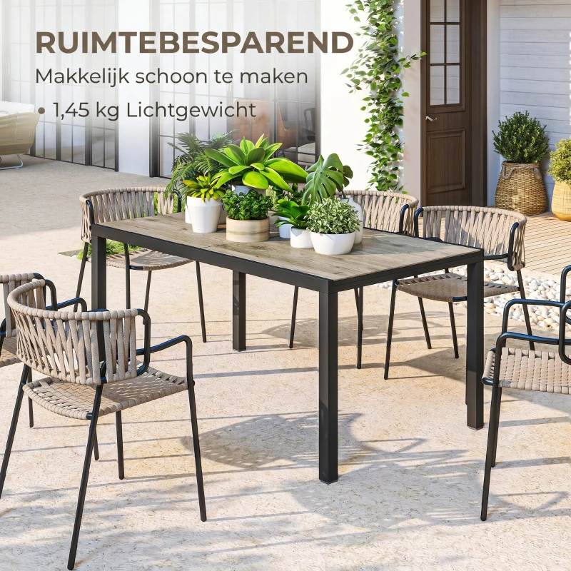 Outsunny Uitschuifbare Eettafel voor 6-8 Personen, Verstelbare Outdoor Tafel van Aluminium, Staal, Kunststof met Houteffect, Grijs