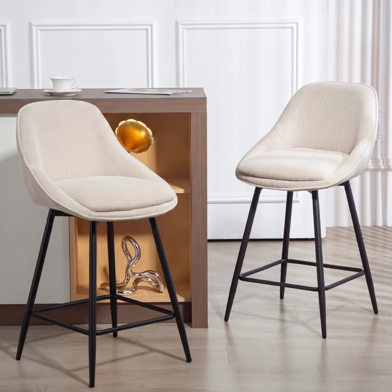 HOMCOM 2er-Set Barstühle mit Cordbezug und Stahlbeinen, Polsterstühle für Kücheninsel, Esszimmer, Creme