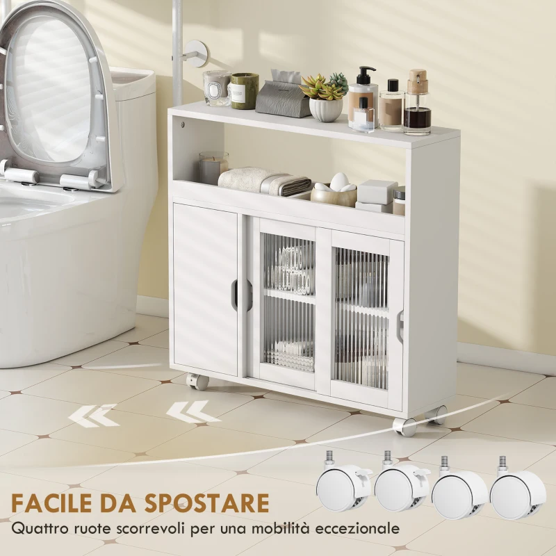 HOMCOM Mobile per Bagno a Rotelle in Legno con Spazio Aperto, Ripiani Regolabili e Ante in Vetro, 71x20x70 cm, Bianco