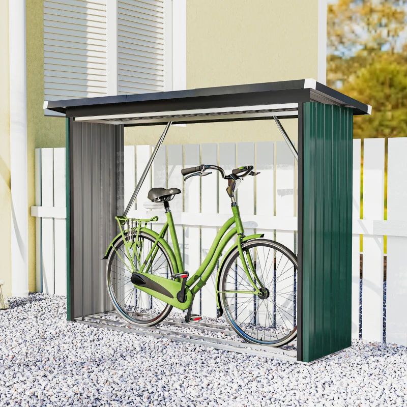 Outsunny Abri-bûches Couvert Support pour Bois de Chauffage Plancher Surélevé Toit Incliné, Acier Galvanisé 213x66,5x150cm Vert