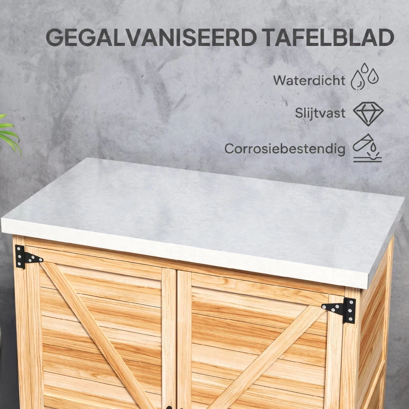Outsunny tuinkast met interne plank en werkblad, van vurenhout en gegalvaniseerd staal, 79x43x92 cm, houtkleur