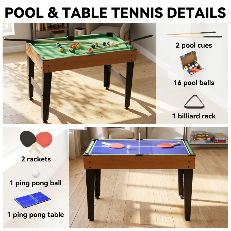 HOMCOM 4-in-1 Partyspieltisch inkl. Tischtennis, Kicker, Billard, Tischhockey, Metall, Holz, Natur+Schwarz