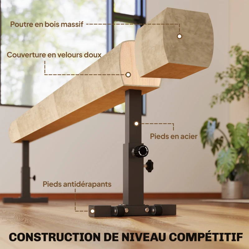 HOMCOM Poutre de Gymnastique 226 cm Antidérapant, Hauteurs Réglable, avec Roulettes, en Acier et Bois Massif, Marron