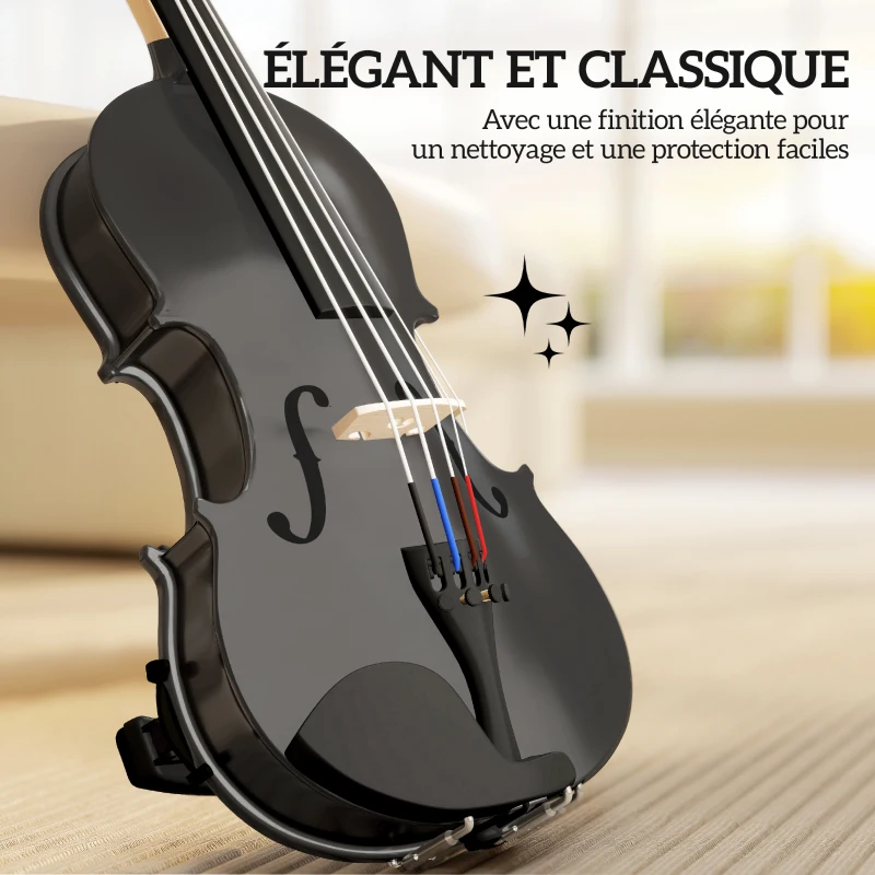 HOMCOM Violon 4/4 Ensemble de Violon en Bois Massif pour Adultes et Débutants avec Étui Léger et Portable 60 x 21 cm Noir