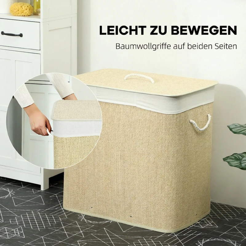 HOMCOM Bambus Wäschekorb mit Deckel 3 Fächer 144L Wäschesammler mit Seilgriffen, herausnehmbarer Wäschesack