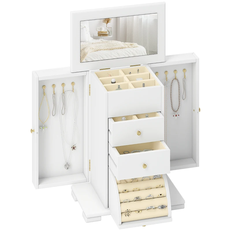 HOMCOM Boîte à Bijoux Femme à 4 Niveaux, Coffre à Bijoux en Bois avec Ailes, Miroir et 2 Tiroirs, 26,5x16 x33,5 cm, Blanc