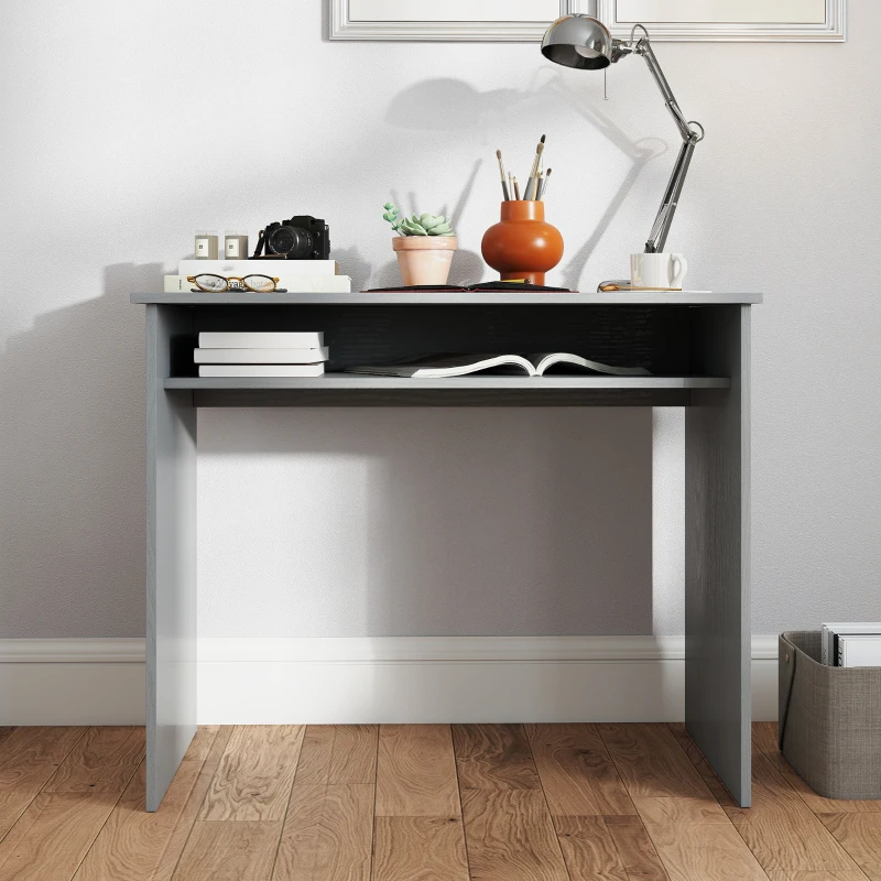 HOMCOM Bureau informatique sobre épuré compact avec 1 étagère, panneaux de particules, dim. 90l x 50P x 74H cm, gris