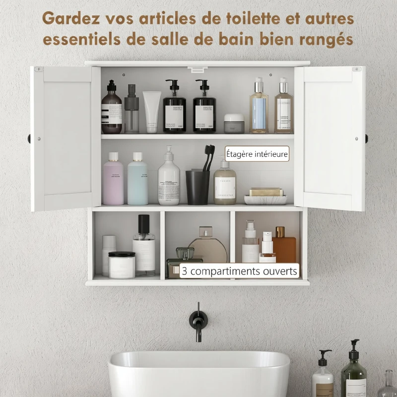 HOMCOM Armoire murale de salle de bain, meuble de rangement avec 2 portes, étagère réglable et compartiments ouverts, blanc