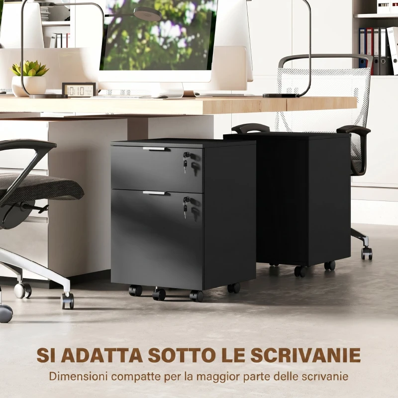 HOMCOM Schedario da Ufficio con 2 Cassetti, Serratura, Ruote a Freno, per Formato A4/Legale, 42x40x60 cm, Nero