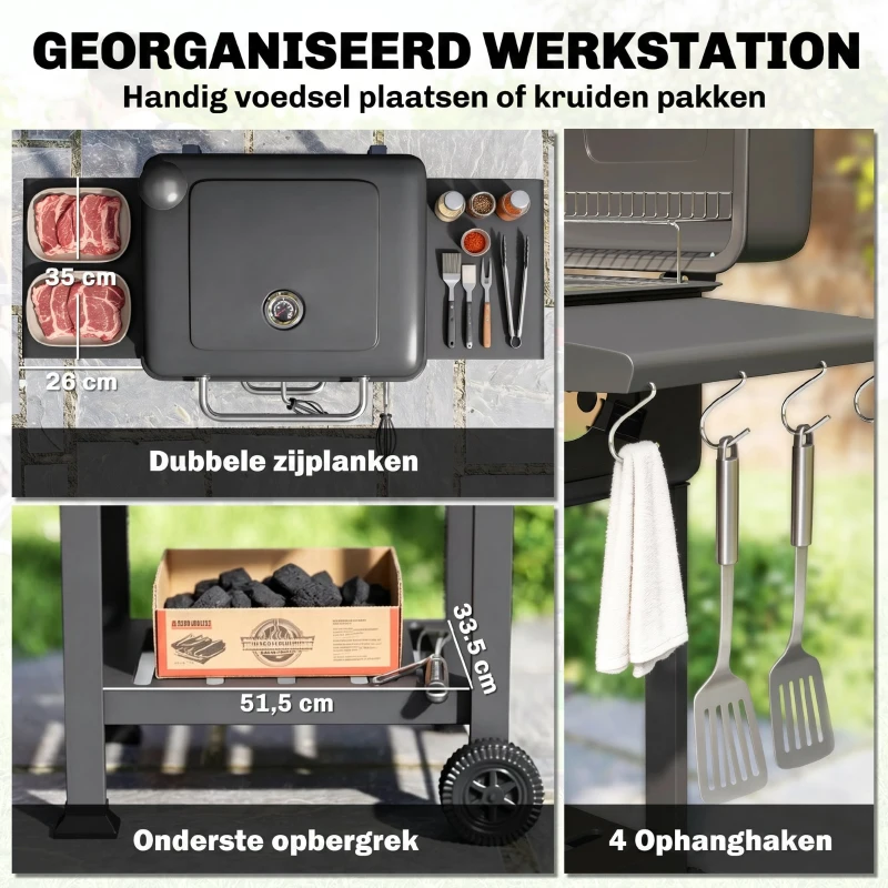 Outsunny Houtskoolgrill BBQ Smoker met deksel thermometer verstelbare kolenbak schoorsteen grillrooster zijtafel aslade