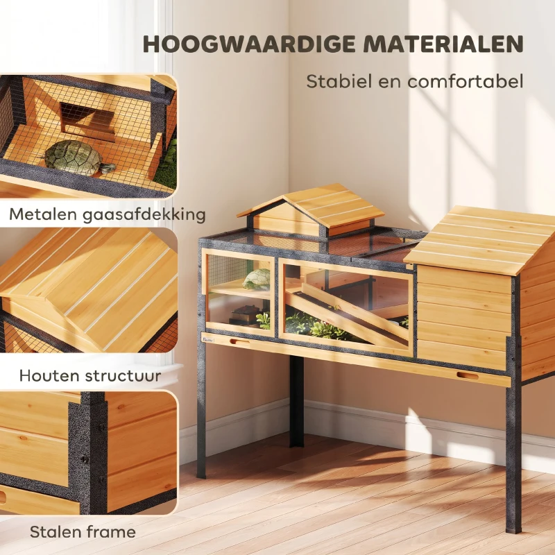 PawHut Schildpaddenverblijf, Kleindierenverblijf, 2 ruimtes, 2 verdiepingen, vensters, hellingen, accessoires, hout, staal, geel(m-7)