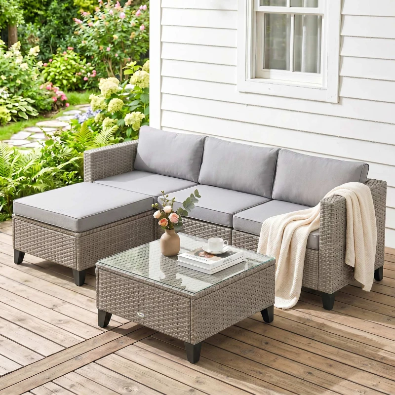 Outsunny 5-Piece Rattan Patio Furniture Set with Corner Sofa, Footstools, Coffee Table, for Poolside, Brown