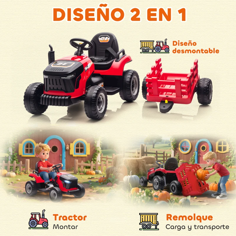 AIYAPLAY Tractor Eléctrico para Niños con Remolque Desmontable Batería 12V Velocidad 3-5 km/h, Control Remoto 2,4G Rojo