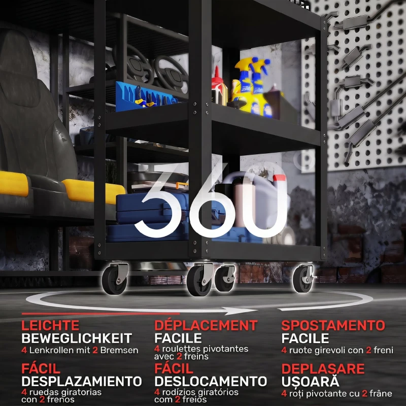 HOMCOM Carrello Porta Attrezzi a 3 Ripiani con Bordi Rialzati, Ruote a Freno e Maniglia, in Metallo e PP, Nero