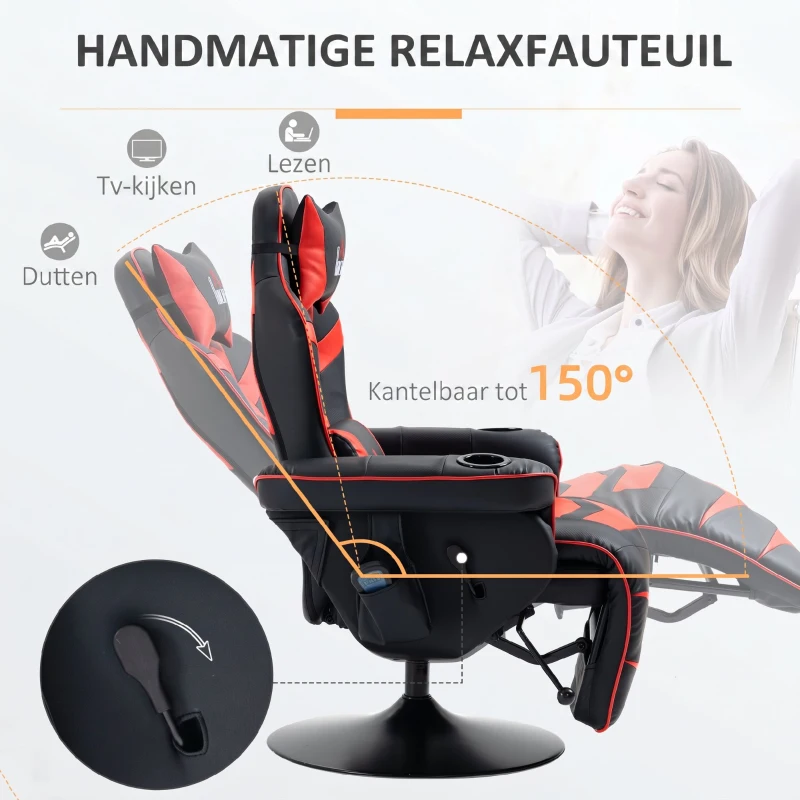 HOMCOM Gaming-stoel met massagefunctie, inclusief voetensteun, ligfunctie, rood + zwart.(m-6)