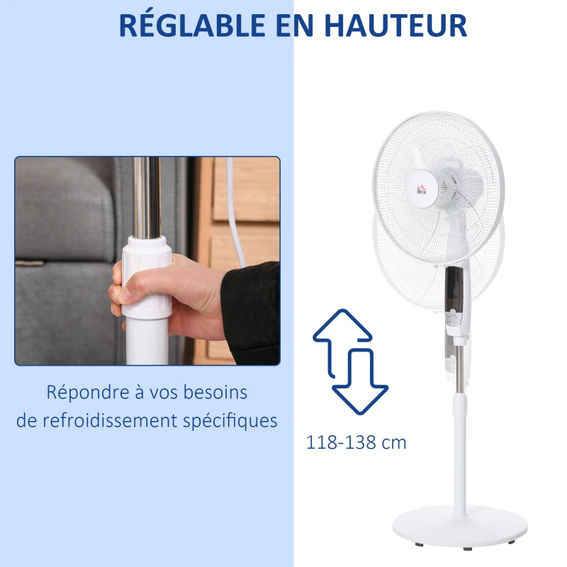 HOMCOM Ventilateur sur pied hauteur réglable oscillant 85° 3 vitesses 50 W avec écran LED télécommande minuterie Ø 42 cm blanc