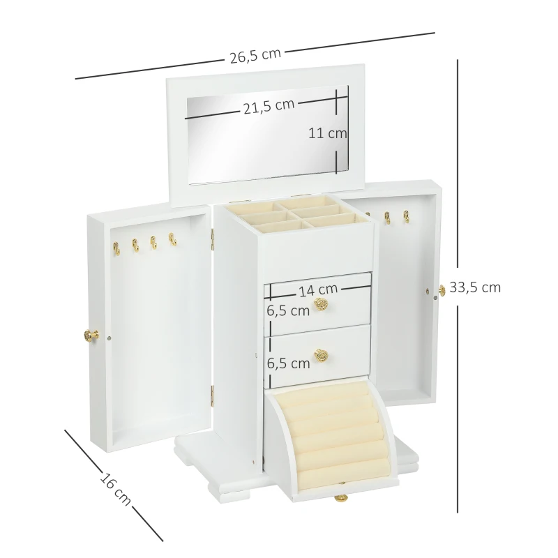 HOMCOM Boîte à Bijoux Femme à 4 Niveaux, Coffre à Bijoux en Bois avec Ailes, Miroir et 2 Tiroirs, 26,5x16 x33,5 cm, Blanc